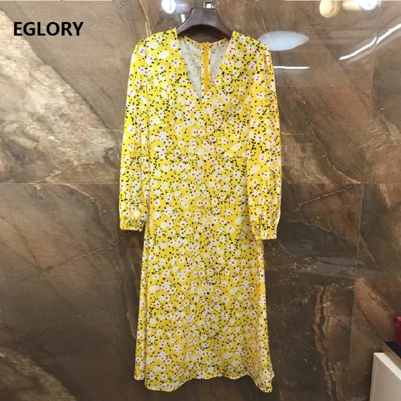 

Latest Designer Fashion 2019 Autumn Dress High Quality Women V-Neck Sunflower Print Long Sleeve Mid-Calf Length Yellow Dress OL