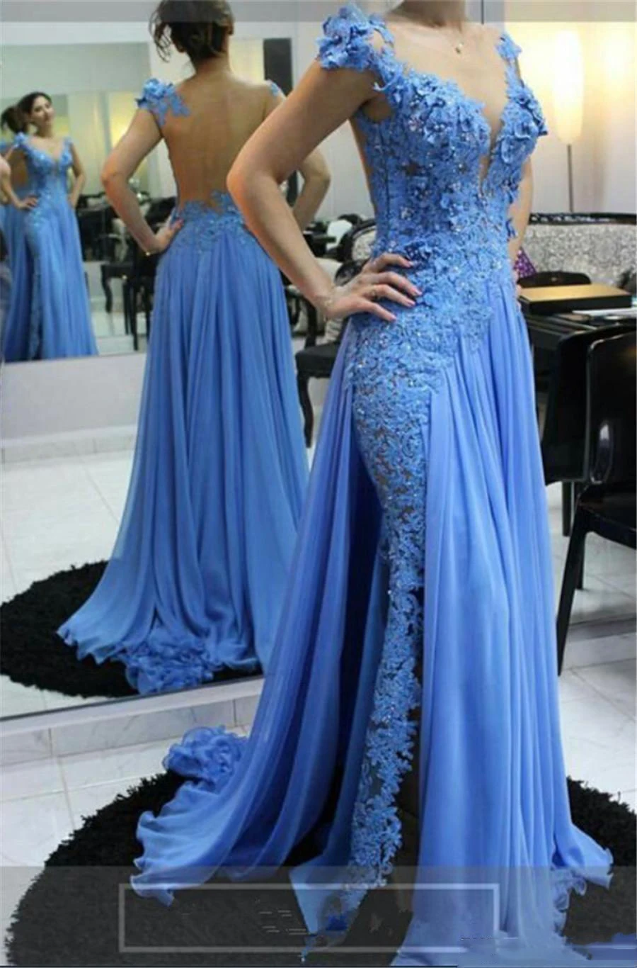 long sleeve evening gowns Modest Design Blue Mermaid Evening Dresses Sheer Jewel Neck Cap Sleeves Lace Appliques Beads Chiffon Formal Party Prom Gowns evening wear dresses Evening Dresses