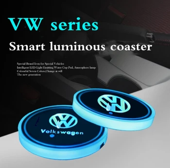 

2X Led Car Logo Cup lights UBS car atmosphere light for v w Volkswage n colorful intelligent Smart luminous water coasterPassat