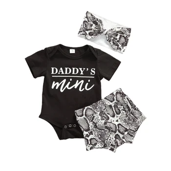 

Infant Baby Boy Girl Short Sleeve Letter Tops Romper+Snake skin Shorts Outfit Sunsuit Summer Casual Baby Girl Clothes Set 3pcs