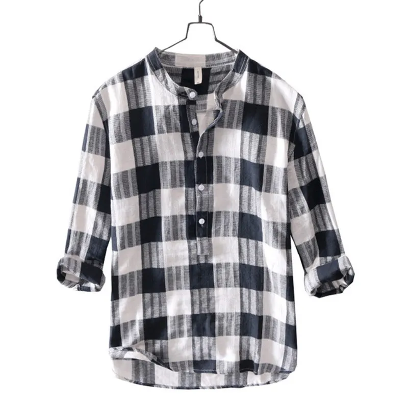 Весенне-осенняя новая хлопковая льняная рубашка с рукавом пять, мужская клетчатая рубашка в стиле HK, мужская повседневная льняная рубашка со стоячим воротником, свободные топы