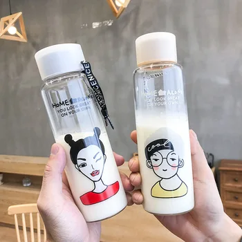 

Korean Cartoon Couple Glass Transparent Borosilicate Water Bottle 400ml Large Capacity Outdoor Sports Mug Heat Resistant Tea Cup