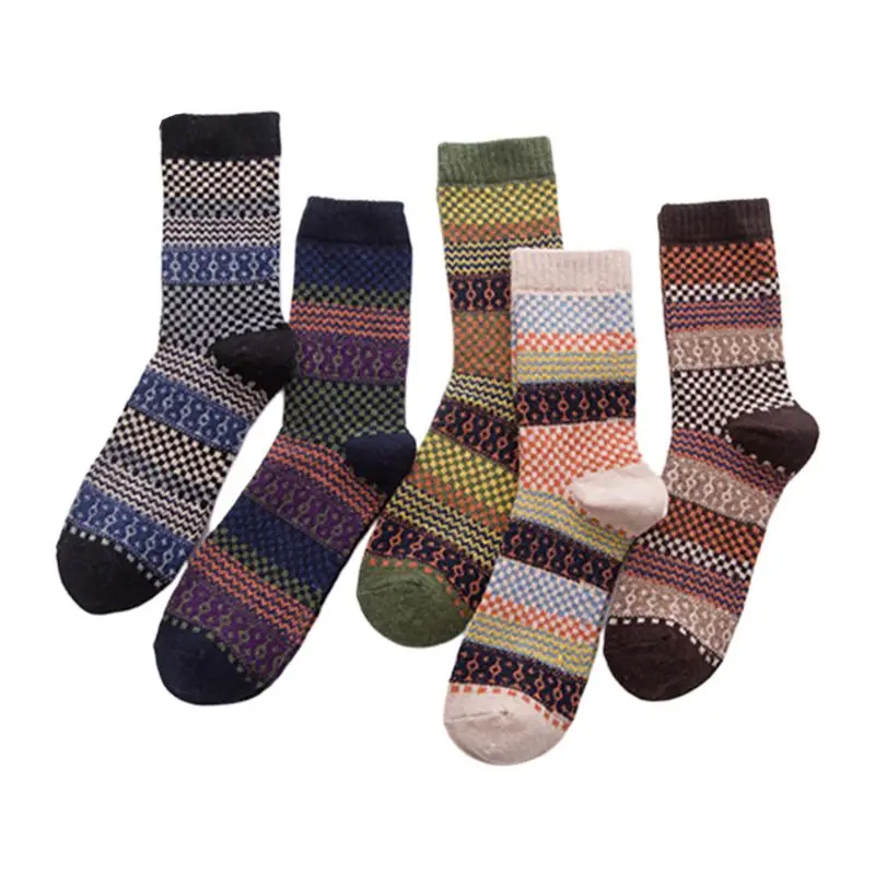 5 пар, мужские винтажные вязаные носки из искусственной шерсти, теплые носки с цветными полосками - Цвет: 4