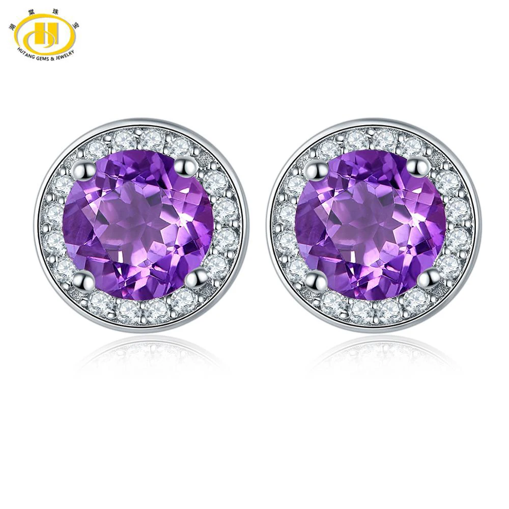 Hutang круглые серьги сделаны с 1.88ct натуральный драгоценный камень Небесно голубой топаз Твердые 925 пробы серебряные ювелирные изделия для женщин подарок - Цвет камня: Amethyst
