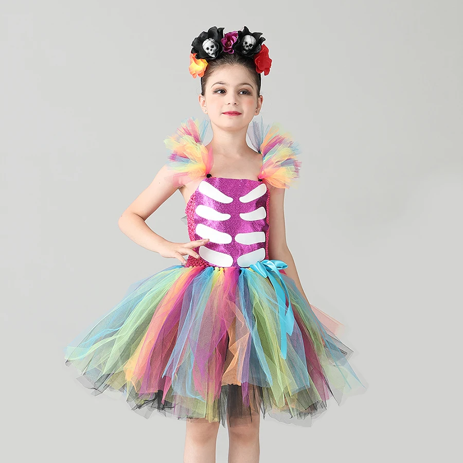 Children Day Of The Dead Halloween Costume Girls Skeleton Skull Dia Muertos Fancy Tutu Dress with Headband Cosplay Party Dress (2)