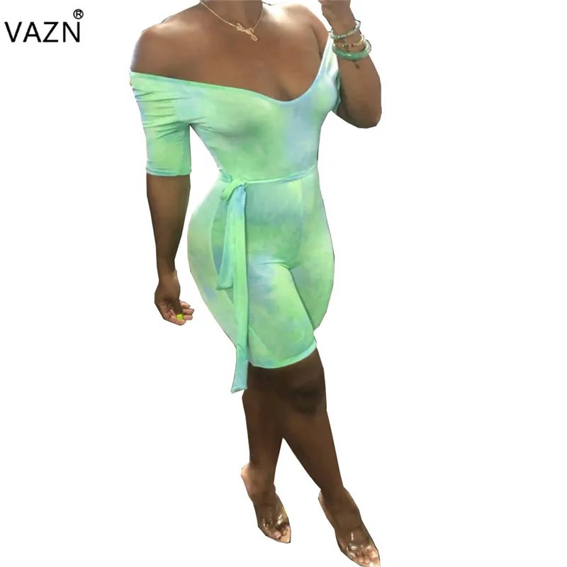 VAZN Лето новые женские повседневные с принтом карты плеча короткий рукав ремень удобные зеленые комбинезоны, короткие брюки LQ5008