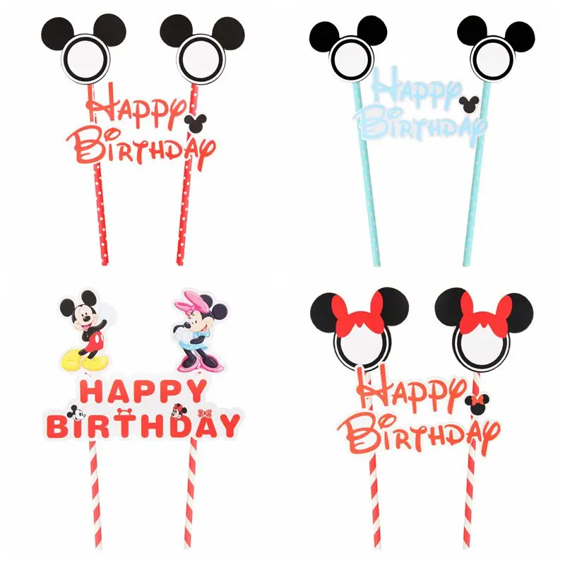 

1set Happy Birthday Mickey Minnie Mouse Cartoon Cake Topper Cupcake Flag Paper Straws Baby Shower Cake Baking Party Decor