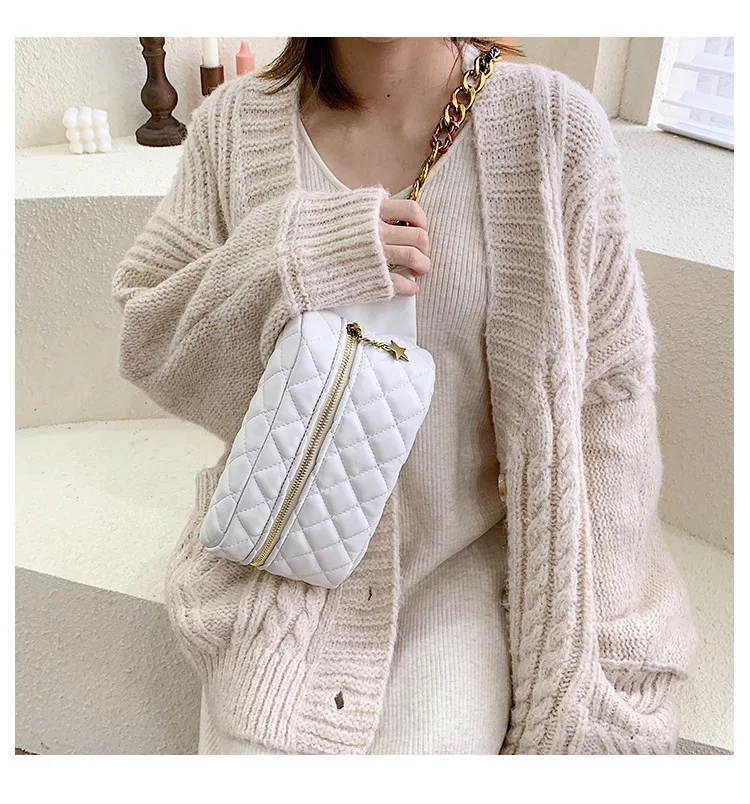 JI HAO Brand Design Diamond Lattice Shoulder Bags Female PU Leather Chains Solid Chest Bag For Women Ladies Fashion Waist Bags