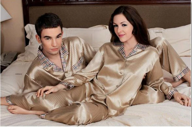Womens Pajamas Set Heavy Silk Couple's Striped Print Pajama Set for Women Silk Pjs only Size M L XL
