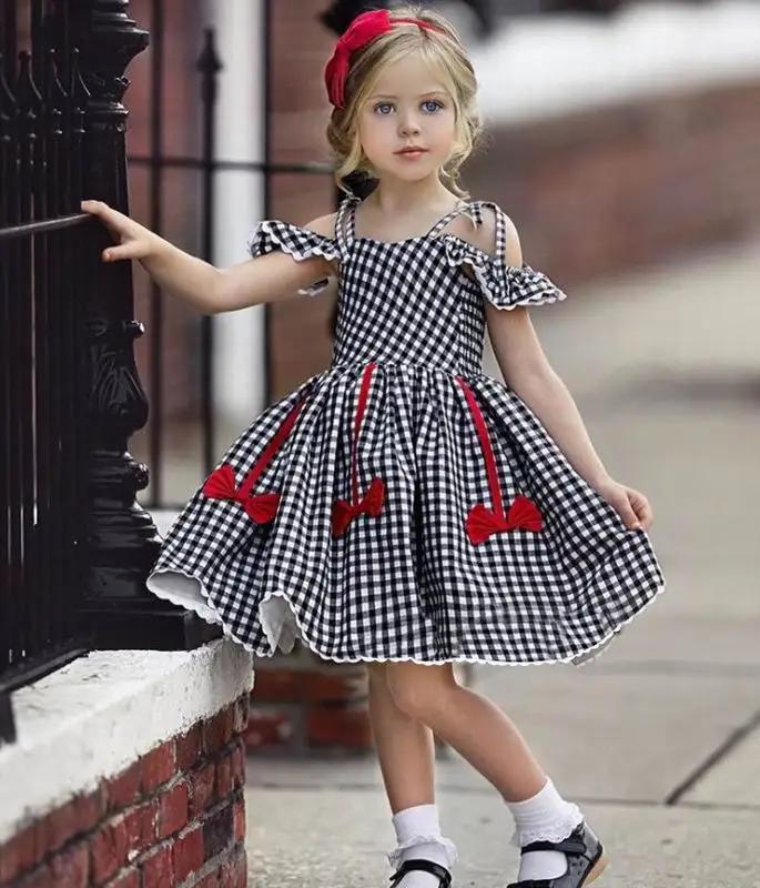 Летние платья в клетку для девочек Хлопковое платье без рукавов в черно-белую клетку с красным бантом одежда для детей 1-5 лет, H1065