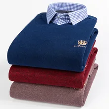 Мужской зимний свитер плюс бархат утолщение поддельные два Зимний пуловер свитер пуловер мужская рубашка с длинным рукавом размера плюс свитер