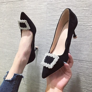 

New Women Pumps Women Shoes Rhinestone Heels Pointed Top Flock Evening Shoes Stiletto Crystal Heels Sexy Shoes Black High Heels
