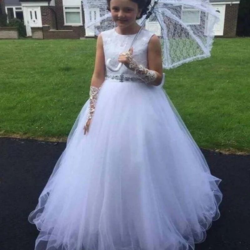260 Flower Girls Dresses O-Neck A-Line Applique Sleeveless Party Dress For Little Girls Beaded Tulle First Communion Dresses
