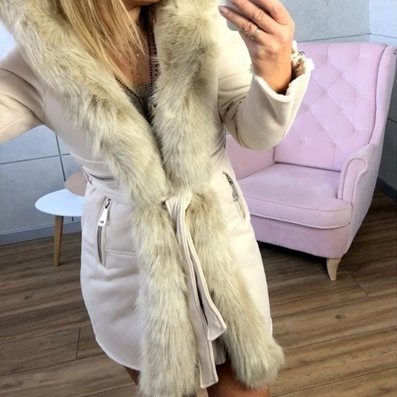 New ]Women Hoody Jackets Coats Mid-long Plush Collar Solid Belt Parkas Soft Fur Autumn Winter Jacket Outerwear Plus Size