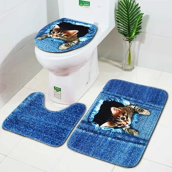 

3PCS/Set 3d Waterproof Bathroom Toilet Cover Mat Anti-slip Bathroom Carpet Toilet Cover Mat Foot Mat Washable Bathroom Rug Set