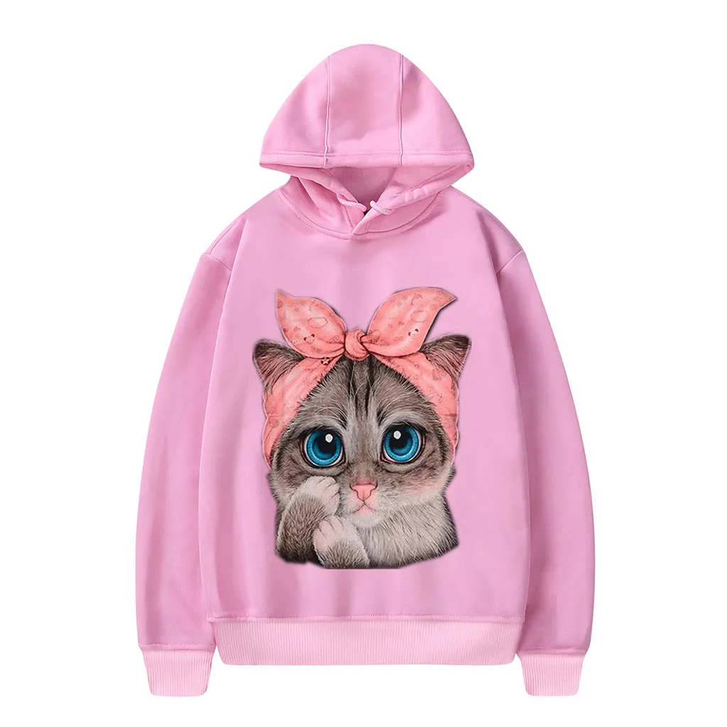 Sweatshirt Oversized Hoodies Korean Style Cat Print Long Sleeve Pullover Loose Hooded толстовка худи | Женская одежда