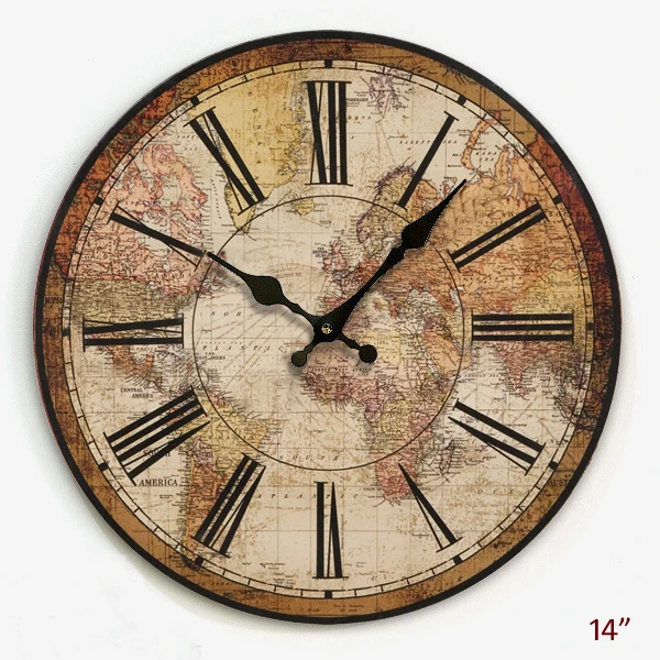 Vintage Wooden World Map MDF 14 Inches Wall Clock vintage  