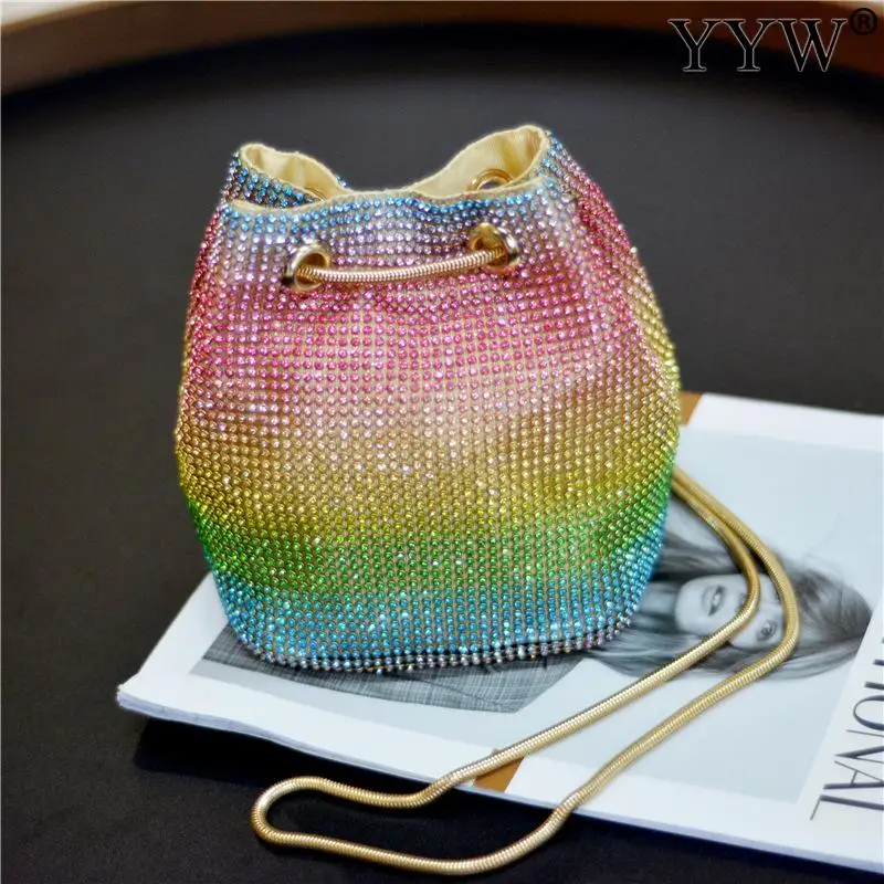 Fashion Women Bucket Shoulder Bag With Rhinestone Crossbody Bag Evening Bag Rainbow Ladies Party Purse Female Clutches Bolsos
