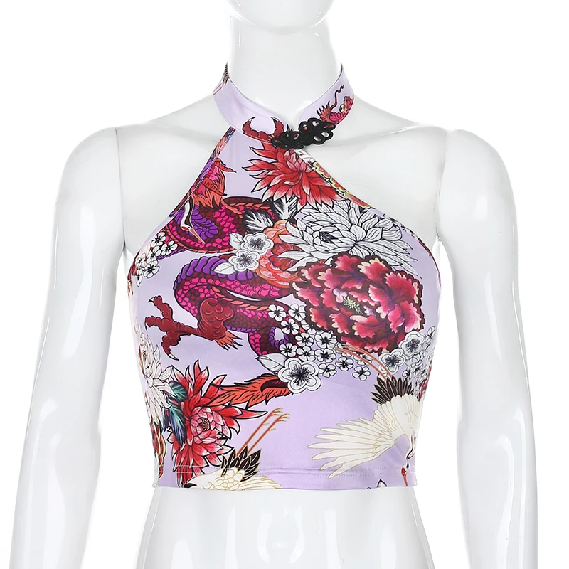Women's Chinese Style Backless Dragon Printed Summer Halter