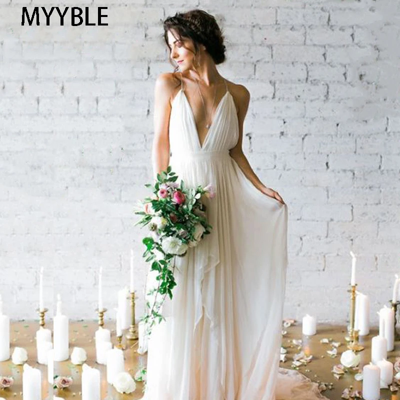 MYYBLE простое богемное свадебное платье, Пляжное,, Robe de mariee, сексуальное, на тонких бретельках, свадебное платье, шифоновое, свадебное платье es