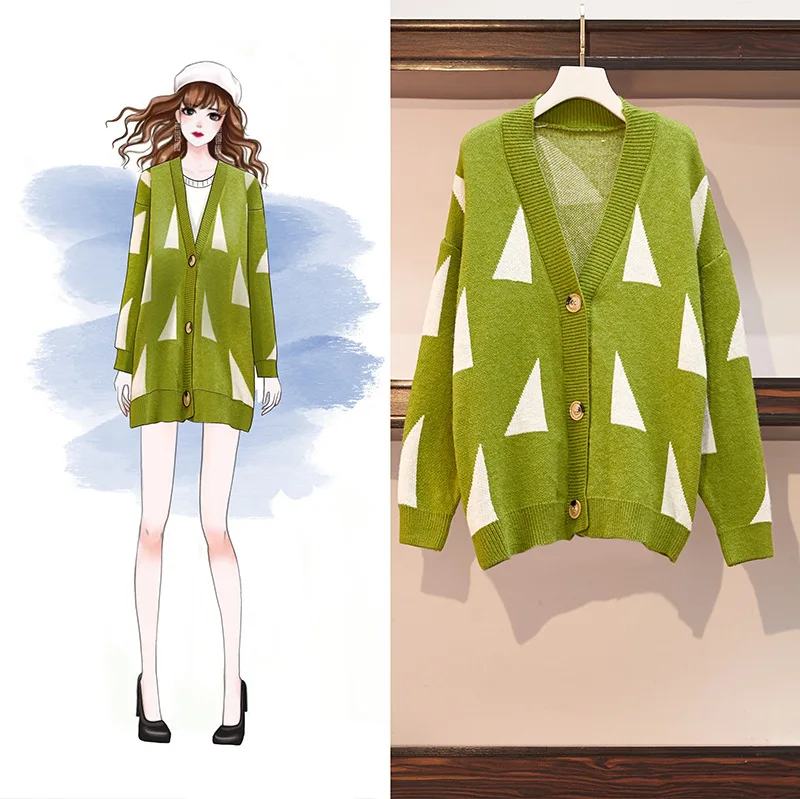 

Photo Shoot 2019 Autumn New Style Large Size Dress Fat Mm Knitted Cardigan Candy-Colored Geometry Graphics Coat Women's