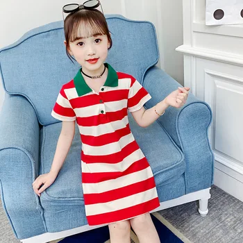 

Red Blue Striped Hoodies Dresses For Baby Big Girls Cotton T Shits Dress Kids Clothing 6 8 10 12 Years Children Straight Dresses