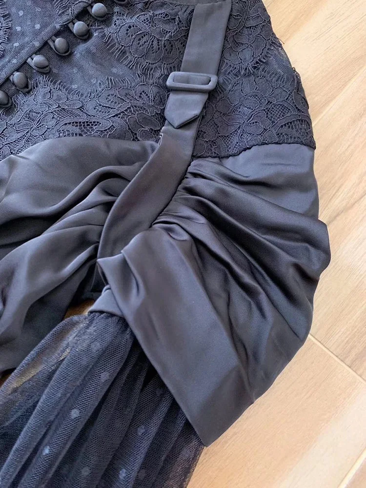 Ziwwshaoyu High-End Custom Autumn Party Black Long Dresses Women's Sexy Lace Puff Sleeve Bow Collar Lace up Slim Dress