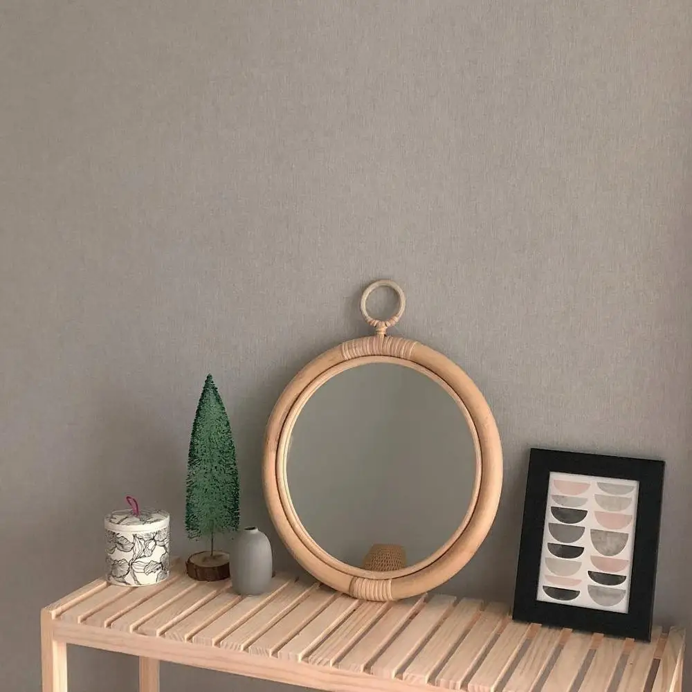 Rattan Wall Mirror Decoration Maison Nordic Korean Japan Style Vintage Handmade Home Hanging Decor Round Make Up Mirrors 35cm