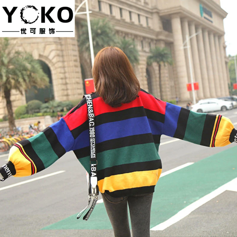 #^Special Price YOKO Trend brand 2019 autumn and winter new Rainbow stripes sequin sweater cartoon little girl knit sweater long-sleeved shirt