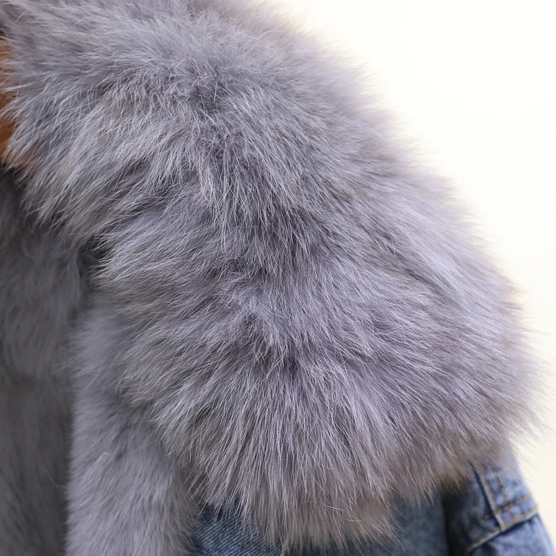 Осенне-зимняя женская джинсовая куртка с подкладкой из кроличьей шерсти, джинсовая куртка с воротником из лисьего меха, верхняя одежда в винтажном стиле, большие размеры, плотное теплое Женское пальто