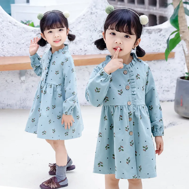 

New Style Girls Korean-style Floral-Print Cotton Long Sleeve Printed Flounced Children Open Front Princess Dress