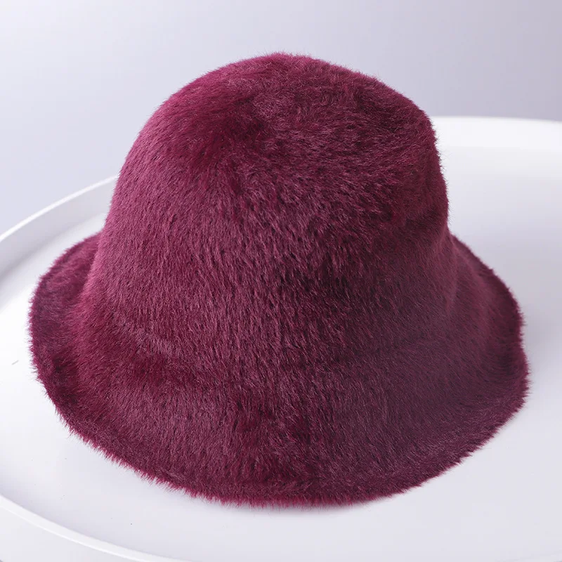 WineRed H7511 Женская Рыбацкая шляпа Женская осенне-зимняя вязаная Панама шапка японская Корейская однотонная имитация меха норки складывающиеся шляпы - Цвет: WineRed