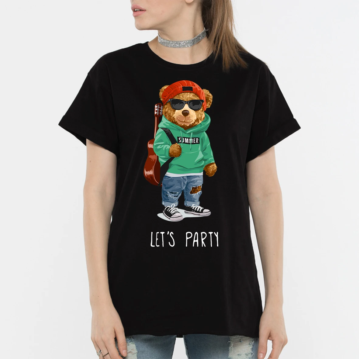 

BLINGPAW Teddy Bear Let's Party Letter Print T-shirt White Cotton Unisex Top&Tees Summer Custom Graphic Tee Shirts