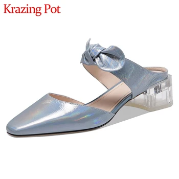 

Krazing Pot large size square toe crystal med heel slip on mules butterfly-knot Korean street pretty girls sweet women pumps L96