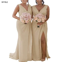 

MYYBLE Women's Double V Neck Ruffled Slit Chiffon Bridesmaid Dress Long Formal Prom Party Gown
