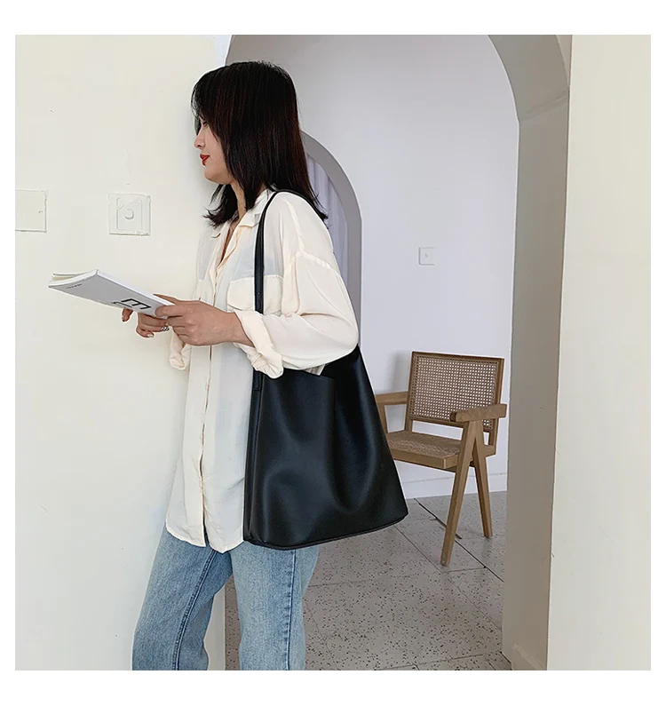 High Capacity Solid Color Pu Leather Bucket Bags Over Shoulder Women Quality Luxury Shoulder Bag Lady Simple Handbags