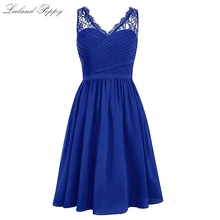 Короткое платье-трапеция с v-образным вырезом шифоновые платья для Бала выпускников, для свадеб, без рукавов, с кружевом, на бретелях, дна до колена плиссированный материал платья для выпускного