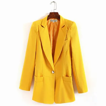

Yellow Women Small Blazer 2020 Formal Blazers Lady Office Work Causal Suit Pockets Jackets Coat Slim Women Blazer Femme Jackets