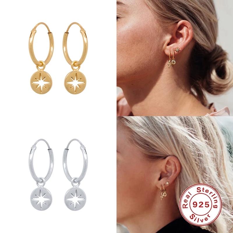 Aide Luxury Real 100% 925 Sterling Silver Round Hollow Coin Pendant Hanging Hoop Earrings for Women Punk Fine Jewelry Gift | Украшения и
