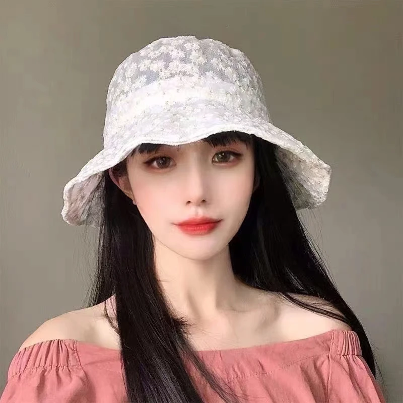 Sun hat women spring and summer daisy embroidery lace breathable fisherman bucket