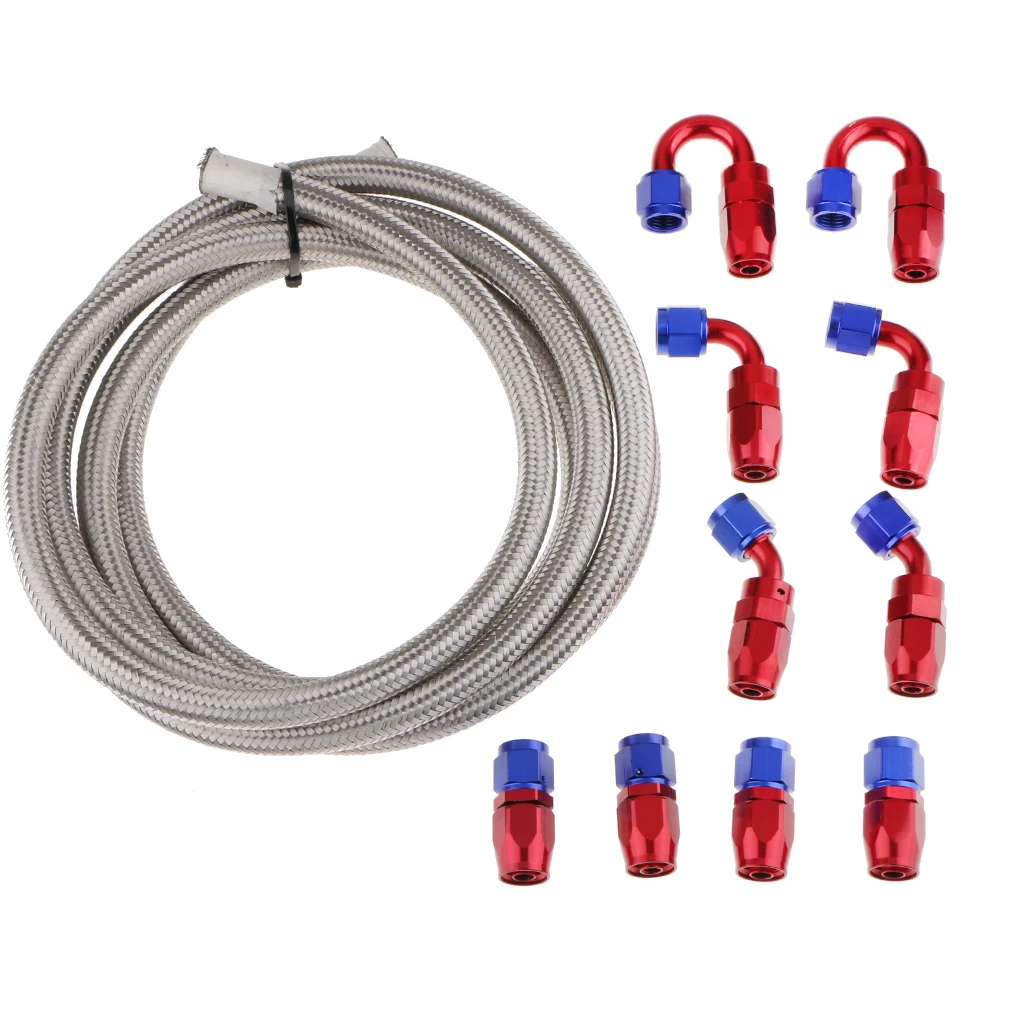 10Ft Nylon Braided Fuel Line with AN8 Hose End Aluminum Fittings Kit