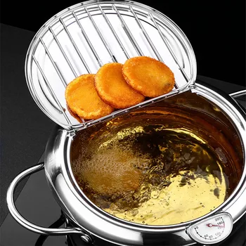 

Wok Pan Stainless Steel Pan Frying Pot Japanese Deep Frying Pot with a Thermometer and a Lid Kitchen Tempura Fryer Pan Skillet