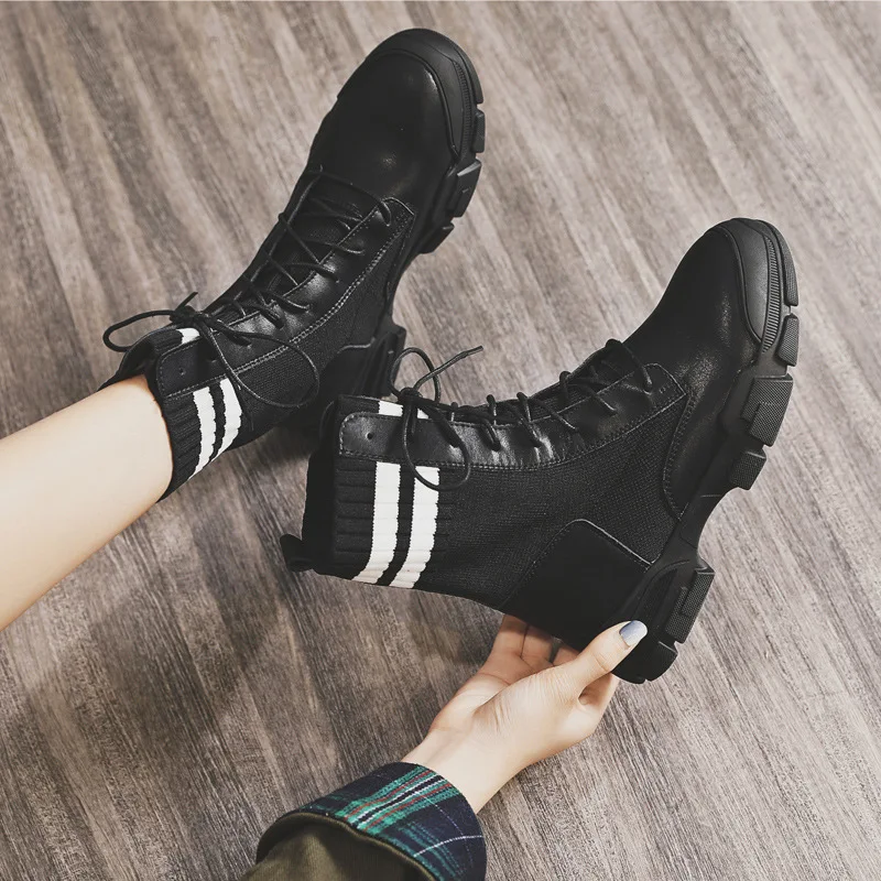 

Martin Boots Women's Knit Boots 2019 Autumn New Style Fashion British Style Versatile Lace-up Thick Bottomed Joint Ankle Boots
