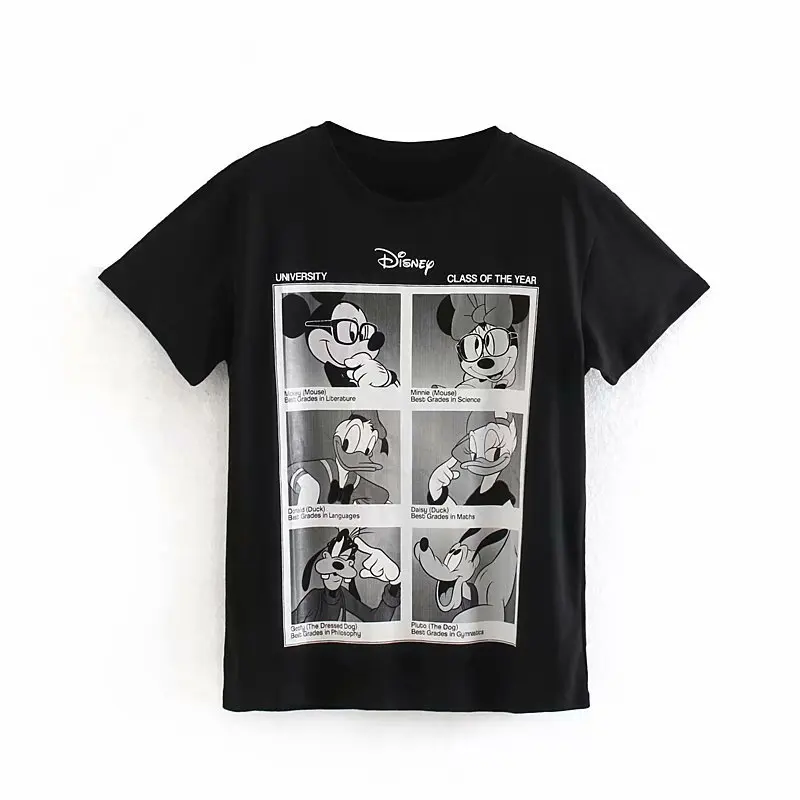 

Women T Shirt Cartoon mouse Duck Dog Tee Short-sleeve Shirt top Summer Female Black Tops A133