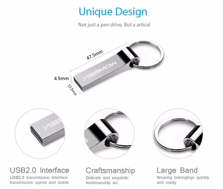 Moweek, металлическая USB флеш-карта, 64 ГБ, флеш-накопитель, 2,0 реальная емкость, 4 ГБ, 8 ГБ, 16 ГБ, 32 ГБ, флешка, usb карта памяти, брелок, u-диск
