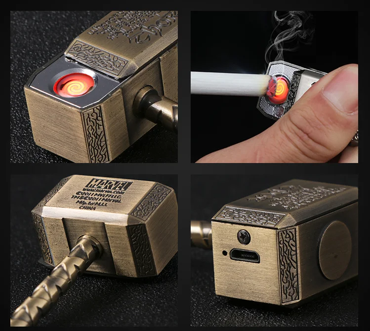 Удар Тора модель ветрозащитный USB Зажигалка; креативный ключ узорная цепь молоток Зажигалка для сигарет