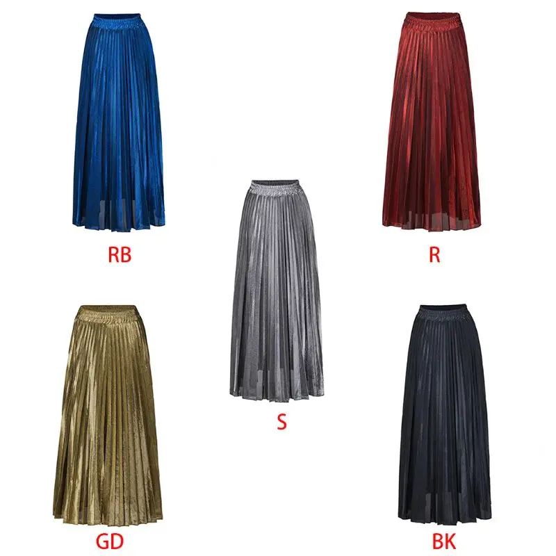 Женская высокая талия металлик мерцающий сплошной цвет плиссированная А-силуэт Макси Длинная юбка