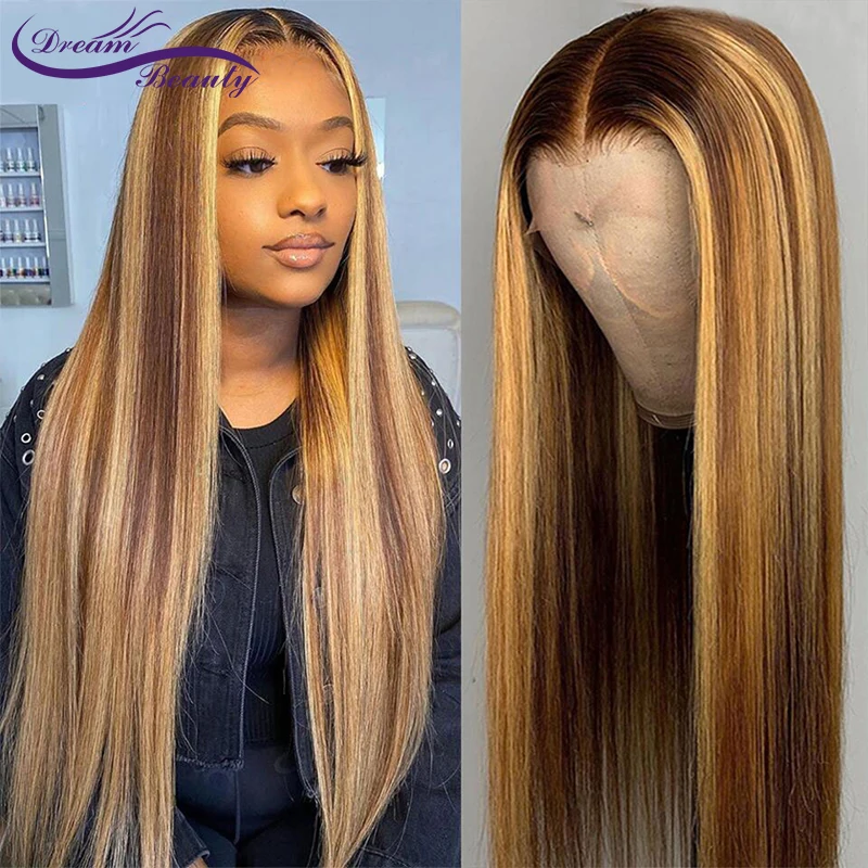 Peluca de cabello humano liso de 13x4, postizo de encaje Frontal con degradado, rubio miel, Remy, brasileño, predesplumada, 4x4, Dream Beauty