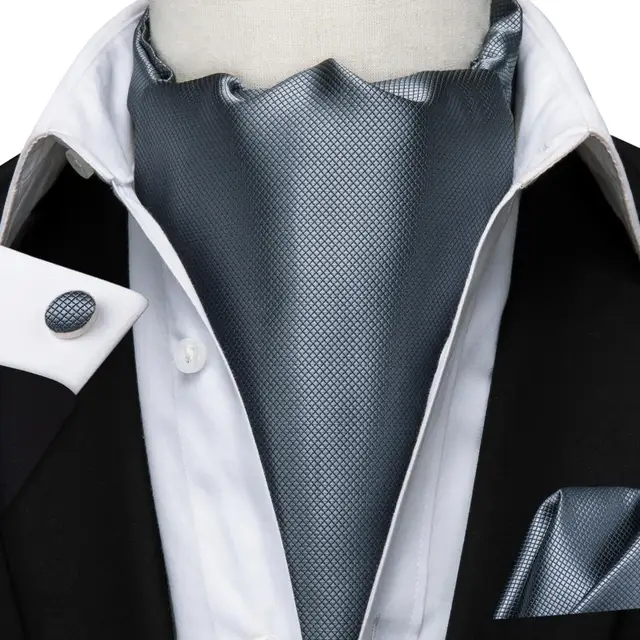 Hi-Tie Silk Men's Ascot Tie Pocket Square Cufflinks Set Cravat Ascots Scrunch Self British Style Gentleman Dress Scarves Party AS-1024