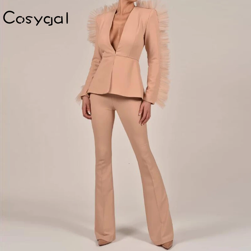 COSYGAL,, зимние длинные штаны, куртка, набор, модный, перо, глубокий v-образный вырез, Женский комплект 2 шт., костюм, для офиса, леди, Нигер, наряды